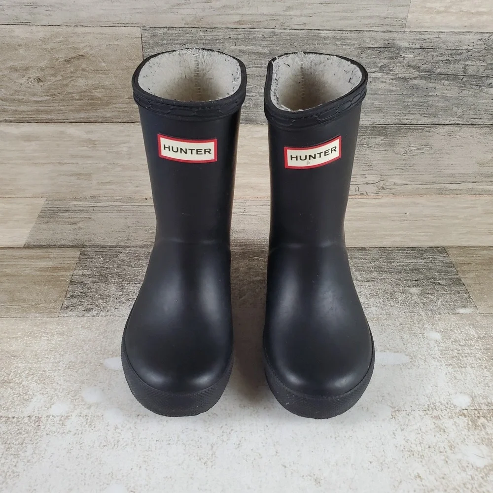 Hunter First Insulated Kids Shoes Wellington Boots Sz 8 Black Rubber Round Toe